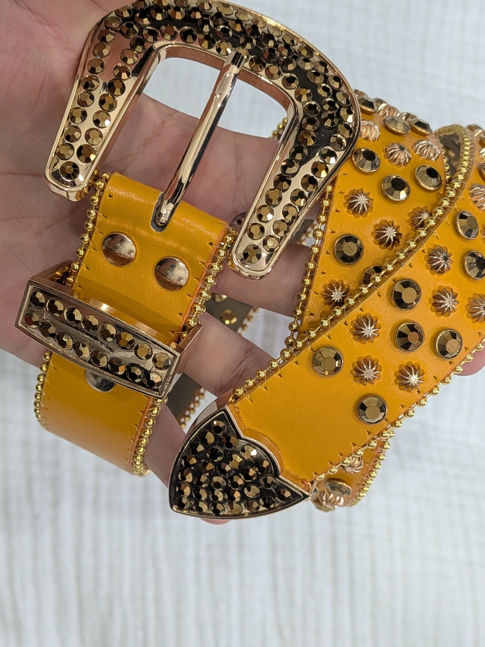 Yellow Embellished Western Belt with Gold Hardware